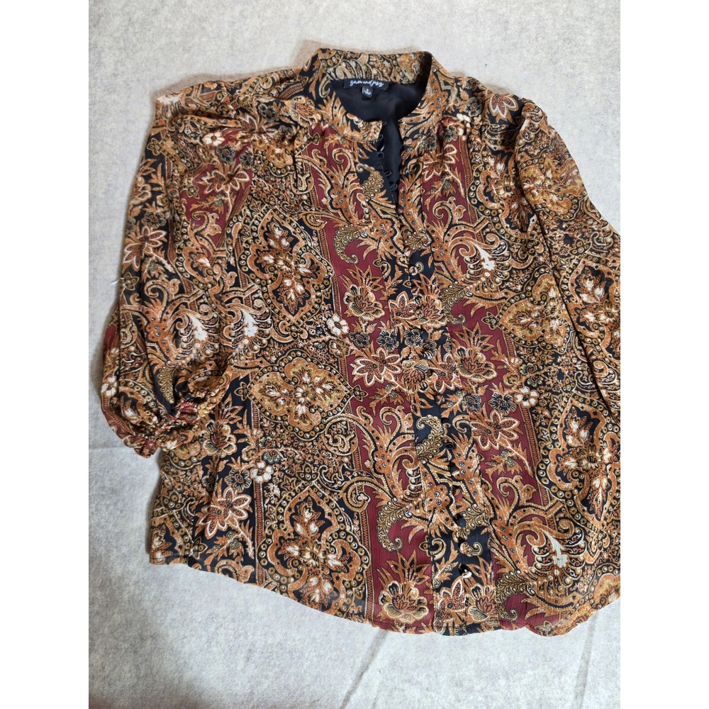 Sam and Jess Paisley Print Blouse Rust Gold Black Long Sleeve Top Small‎